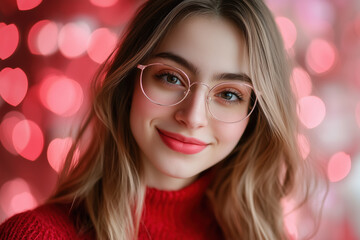 Smiling young woman with light brown hair in a red sweater, with heart-shaped bokeh lights, perfect for Valentine's Day