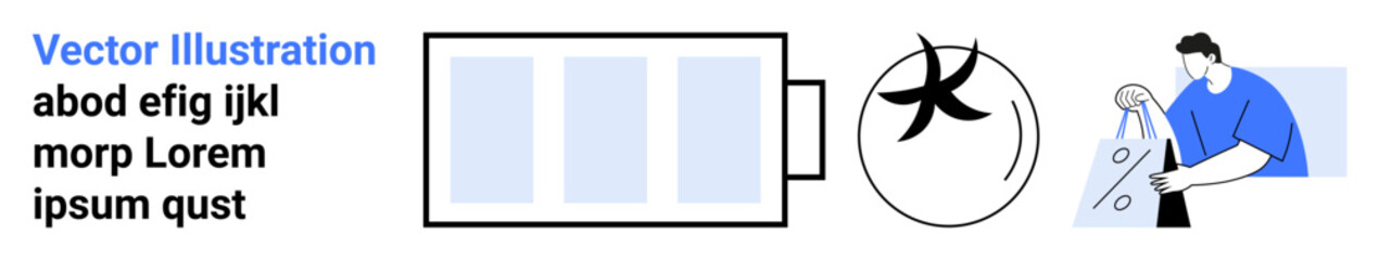 Text block, battery icon, recycling symbol and male scientist in blue performing an experiment. Ideal for science education, environmental awareness, sustainability campaigns, energy conservation