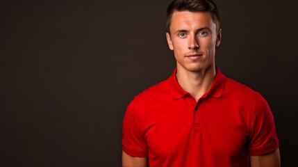 Naklejka premium Portrait of a Photogenic Guy in Red Polo Shirt with a Bright Smile on Red Background - Copy Space Available (16:9)