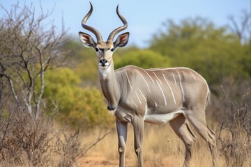 Fototapeta premium Proud Greater Kudu in Kruger National Park: Standing Solitary in Wild Nature Reserve of South Africa