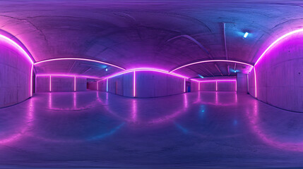 360 degree full panorama environment map of empty futuristic neon light dark concrete basement 3d render illustration hdri hdr vr virtual reality