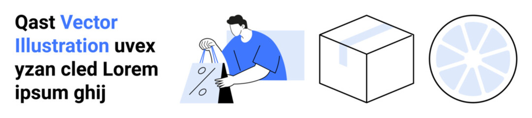 Man placing items in a shopping bag, sealed cardboard box, abstract circle design with radial lines. Ideal for e-commerce, packaging, retail, shipment, shopping, illustration and graphic design