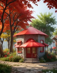 Cozy miniature house sheltered under a large red umbrella , home, night, shelter