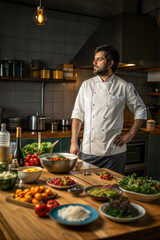 Chef thoughtfully preparing fresh ingredients in a modern kitchen