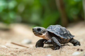 A baby tortoise is making its way across a sandy surface, moving slowly as it explores its surroundings. The soft sunlight highlights its shell and textures, creating a serene atmosphere