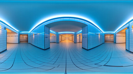360 degree full panorama environment map of modern design dark hall tiled wall with reflections and blue lights 3d render illustration hdri hdr vr virtual reality