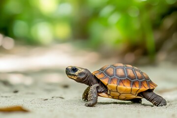 Obraz premium A baby tortoise moves cautiously across the sandy surface, surrounded by greenery. This tender moment captures the slow and steady pace of wildlife in a natural habitat during daylight