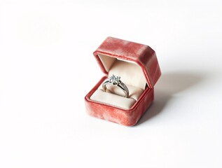 Elegant engagement ring in an open red velvet box. Wedding, proposal, Valentine&rsquo;s Day, anniversary themes. Jewelry, love, romance concept, copy space