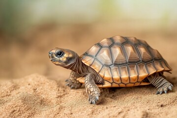 Obraz premium A baby tortoise moves steadily across soft sand, showcasing its unique shell patterns and textures. The warm setting highlights its natural habitat during a sunny day