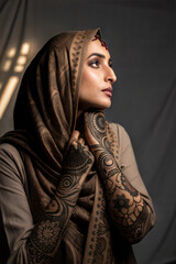Naklejka premium Woman in hijab showing intricate henna designs on her hands