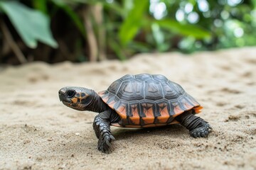 Fototapeta premium A baby tortoise moves cautiously over sandy terrain in a rich, green setting. Its unique shell color contrasts beautifully with the warm sand as it explores its surroundings