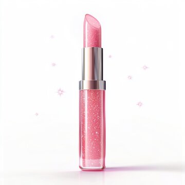 Moisturizing lip gloss tube with a sparkling pink hue, placed on a bright white background