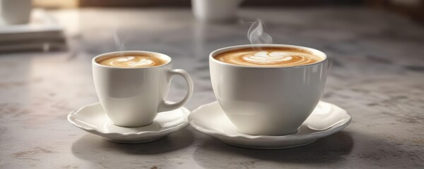 Creamy white coffee in a delicate ceramic cup, morning, white, breakfast