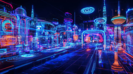 Obraz premium full 360 spherical panorama view of futuristic sci-fi environment with neon lights 3d render illustration hdr hdri vr design