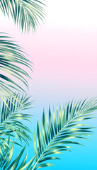 Palm leaves, summer background with gradient color, pastel blue and pink colors, tropical leaf pattern, with white tones