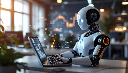 Fototapeta premium Futuristic Robot Working on Laptop in Modern Office