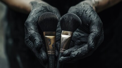 Closeup of hands holding makeup brushes