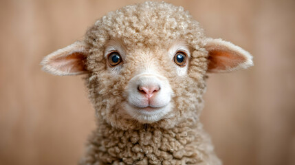 Naklejka premium Cute lamb portrait, farm background, animal photography, card design