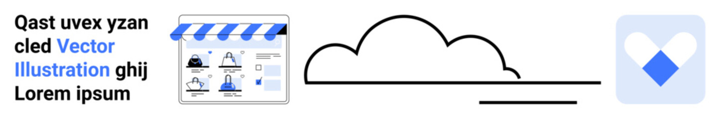 Online storefront with blue and white awning, product icons, adjacent to cloud shape and heart-shaped blue icon. Ideal for e-commerce, digital marketing, apps, cloud computing, online services, web