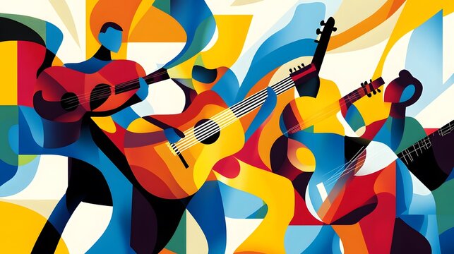 Abstract composition of musicians playing guitar International guitar month