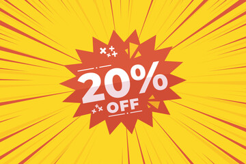 20% off sale banner vector with red and yellow sunburst background and white text. Perfect for flash sale, special offers, big sale, e-commerce, online promotions and discount advertising.