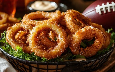 A football and a basket of crunchy onion rings with a side of tangy dipping sauce on a golden brown background, crispy Super Bowl snack
