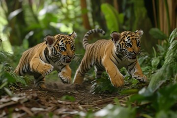 Obraz premium Two energetic tiger cubs sprint through a vibrant jungle, playfully pursuing each other among the dense foliage and sunlight filtering through the trees