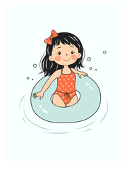 Cute little girl in swimsuit swimming in pool. safety on the water. Vector illustration of a child in an inflatable circle for swimming.
