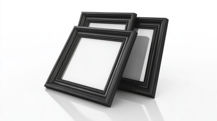 empty blank black wooden picture frames on white background with reflections 3d render illustration