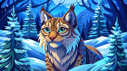 Lynx, winter wildlife. Cute big cat in habitat, cold condition. Snowy forest with beautiful animal wild lynx, Poland. Eurasian wild cat in the forest with snow, copy space, blue,
