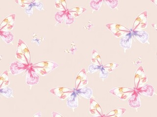 Dainty watercolor butterfly seamless pattern in soft pastel colors, subtle texture, ethereal look