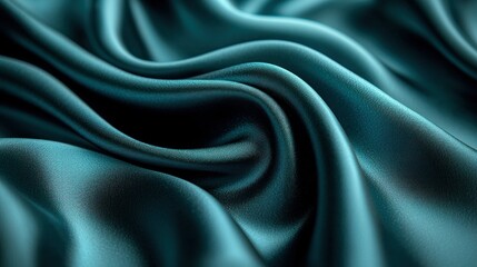 Obraz premium Teal silk fabric draped with flowing folds, close-up background texture