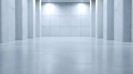 Fototapeta premium Empty modern gallery, concrete walls, bright lights, spacious floor, exhibition background