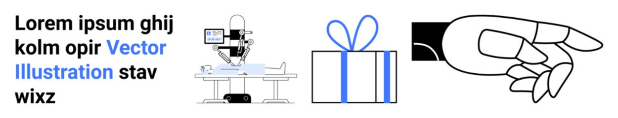 Robotic arm operates above assembly line and constructs a gift box. Parallel text includes placeholder words. Human hand points. Ideal for automation, technology, manufacturing, robotics, e-commerce