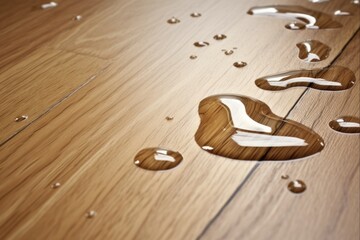 Spilled Water on Waterproof Laminate Flooring. Durable and Damage-resistant Floor with Water Drops and Splashes