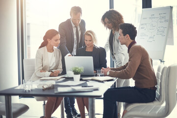 Corporate, people and check laptop in meeting of finance growth, research and investment...