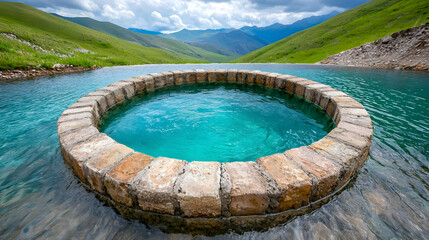 Mountain spring pool, turquoise water, scenic background, relaxation
