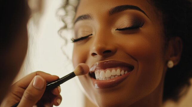 Makeup artist applying powder to smiling bride during wedding makeup session - Powered by Adobe