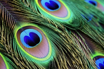 Fototapeta premium Stunning Close-up of a Peacock Feather with Brilliant Teal, Green, and Purple Colors in San Antonio, Texas