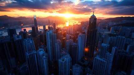 Fototapeta premium Sunrise over Hong Kong skyline, urban cityscape, harbor view, golden hour