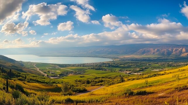 Stunning Galilee Panorama of Israel's Lake and Golan. View from Mount of Beatitudes, Embracing Splendid Landscape and Sky at Height