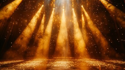 A glowing golden stage with bright spotlights and glittering particles, evoking glamour, celebration, and cinematic beauty.