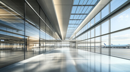 360 degree panorama view of abstract modern airport terminal hall with concrete and glass surface 3d render illustration