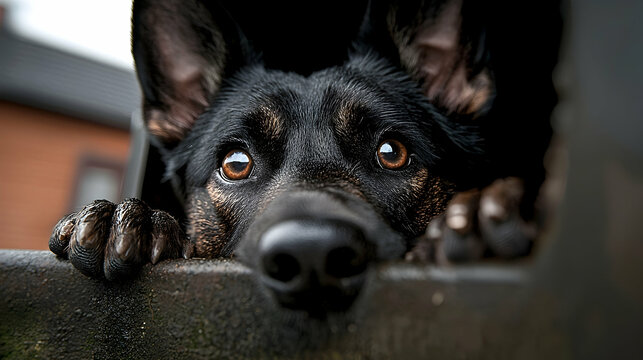 Curious German Shepherd peeking from truck, rural background, pet portrait