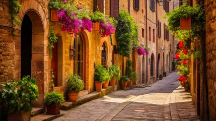 Obraz premium Summer in Pienza, Italy: Exploring the Colorful Streets of this Charming Tuscan Town - Horizontal Scene with Flowers and Italian Architecture