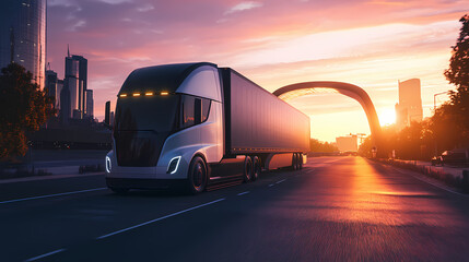 Futuristic electric semi-truck driving under an urban archway at sunrise. Solar Archway. Illustration
