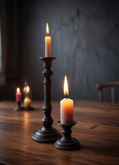 Dark wooden table with a single candlestick on it , warm glow, ambiance, candlestick