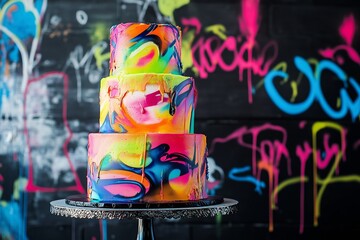 Graffiti-style cake, bold neon colors with spray paint effects, against a black street-art background.