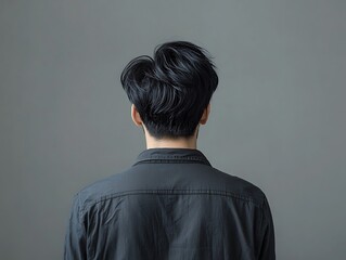 Rear view Asian man with hair loss problem on grey background