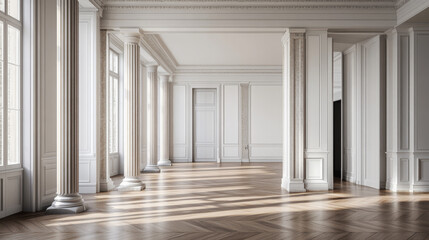 Fototapeta premium Empty white apartment with parquet wood floor with pillars 3d render illustration